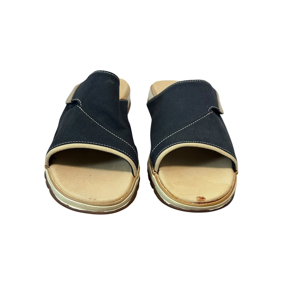 Clarks Slide Sandals Womens Navy Blue Canvas Adjustable Strap Platform Good